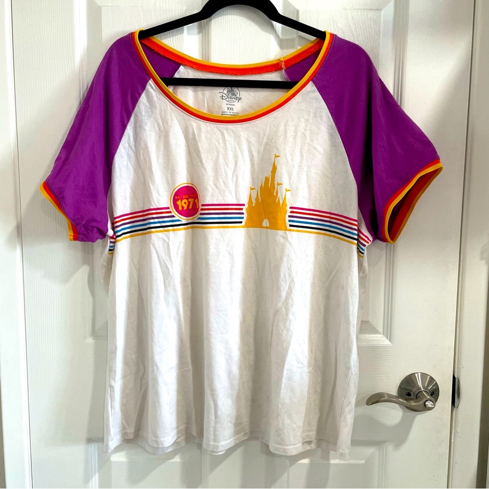 Walt Disney World - Castle Tshirt w rainbow detail and Purple short sleeves 2X